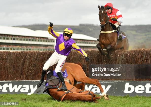 Copperhead ridden by Harry Cobden falls during the RSA Insurance Novices' Chase at Cheltenham Racecourse on March 11, 2020 in Cheltenham, England.