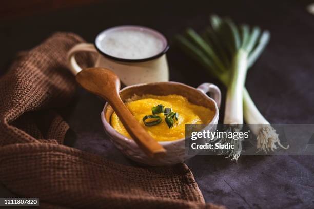 healthy  meal.polenta, the cornmeal porridge. - serbia tradition stock pictures, royalty-free photos & images