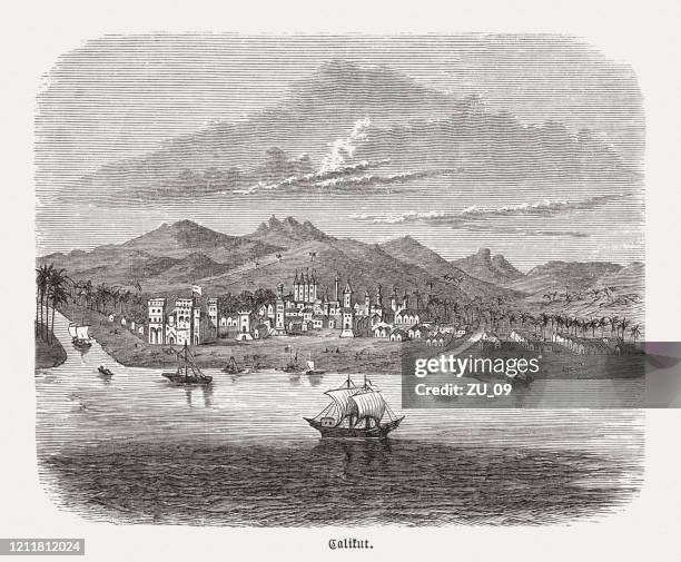 historical view of the indian city kozhikode (calicut), 16th century - kerala spices stock illustrations