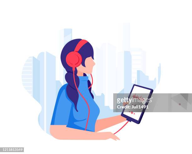 the girl walks through the metropolis and listens to music with headphones and holds a tablet with a playlist in her hands. - listening stock illustrations