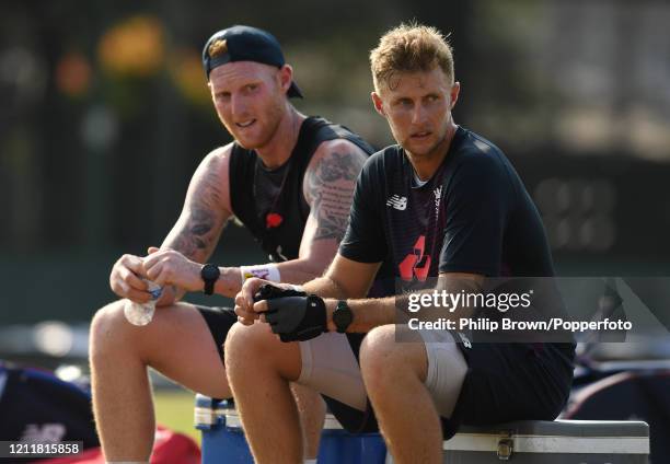 Joe Root and Ben Stokes of England take a break during a training session at the P Sara Oval on March 11, 2020 in Colombo, Sri Lanka.