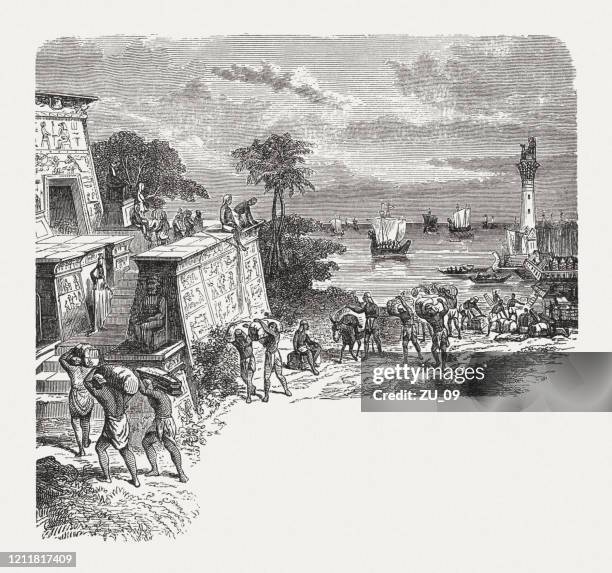 ancient egyptian port, wood engraving, published in 1888 - ancient-egyptian-culture stock illustrations