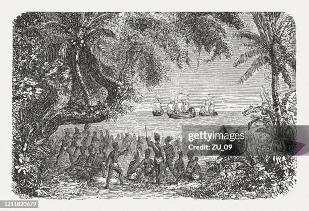 europeans arrive on the american coast, wood engraving, published 1888 - cristobal colon stock illustrations