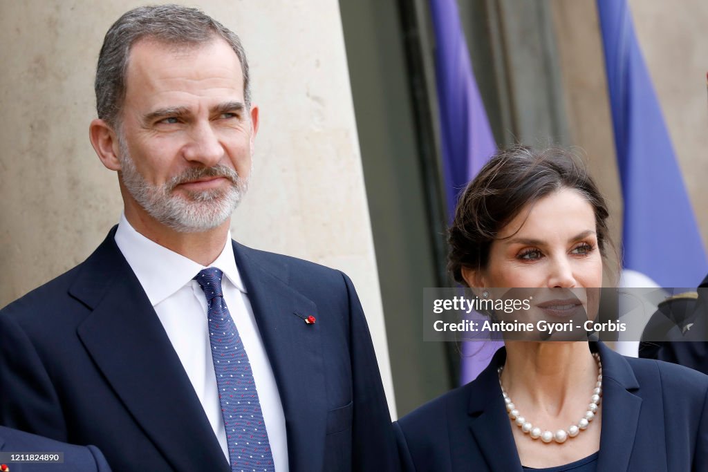 King Felipe and Queen Letizia Of Spain Are Receive By President And Brigitte Macron