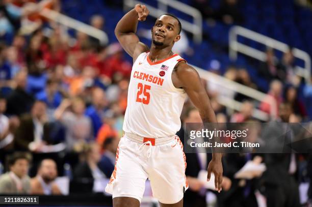 Aamir Simms of the Clemson Tigers reacts following a play against the Miami Hurricanes during their game in the second round of the 2020 Men's ACC...