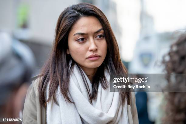 Model Ambra Battilana Gutierrez speaks to the media outside the courthouse after movie mogul Harvey Weinstein was sentenced to 23 years in prison on...