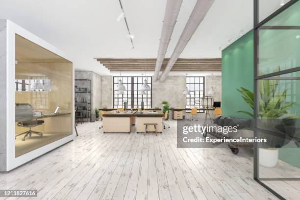 modernes offenes bürointerieur - open space office stock-fotos und bilder