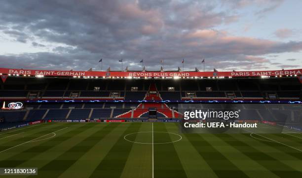 In this handout image provided by UEFA, General view inside the stadium prior to the UEFA Champions League round of 16 second leg match between Paris...