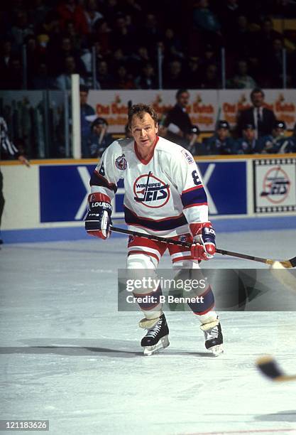 Randy Carlyle of the Winnipeg Jets skates on the ice during an NHL game against the San Jose Sharks on December 21, 1992 at the Winnipeg Arena in...