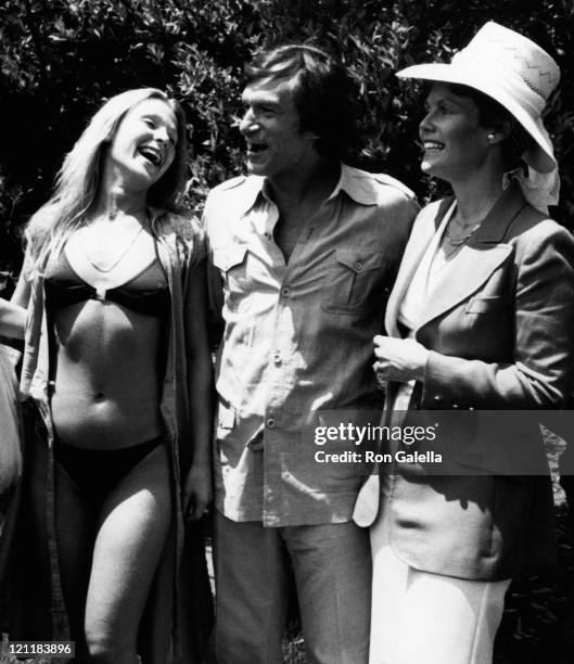 Melonie Haller and Hugh Hefner attend Tennis and Crumpet Tournament on May 21, 1980 at the Playboy Mansion in Beverly Hills, California.