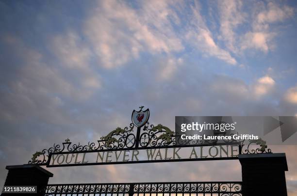 Detailed view of the You'll Never Walk Alone gate at the stadium prior to the UEFA Champions League round of 16 second leg match between Liverpool FC...