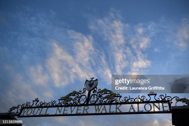 Detailed view of the You'll Never Walk Alone gate at the stadium prior to the UEFA Champions League round of 16 second leg match between Liverpool FC...