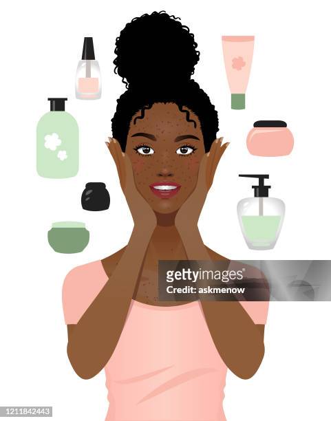 ilustraciones, imágenes clip art, dibujos animados e iconos de stock de cuidado de la piel de la mujer negra - african american woman