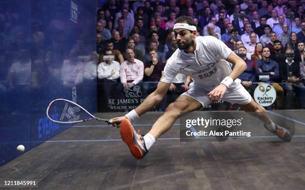 Mohamed El Shorbagy of Egypt plays a shot during the Quarter Final match of The Canary Wharf Squash Classic between Mohamed El Shorbagy and Saurav...