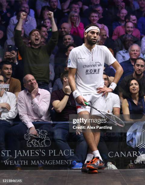 Mohamed El Shorbagy of Egypt reacts during the Quarter Final match of The Canary Wharf Squash Classic between Mohamed El Shorbagy and Saurav Ghosal...