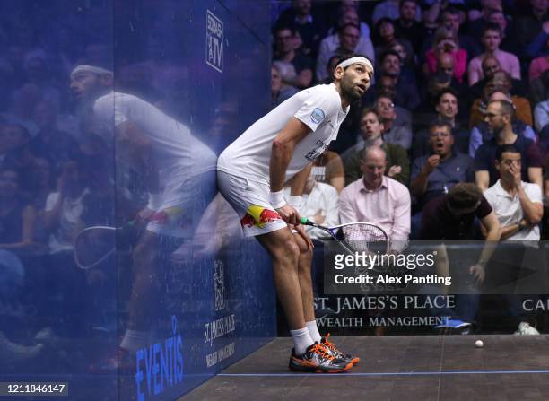 Mohamed El Shorbagy of Egypt reacts during the Quarter Final match of The Canary Wharf Squash Classic between Mohamed El Shorbagy and Saurav Ghosal...