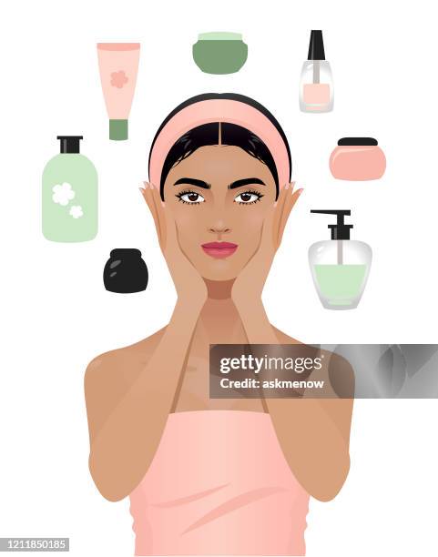 young woman and beauty products - woman beauty body care stock illustrations