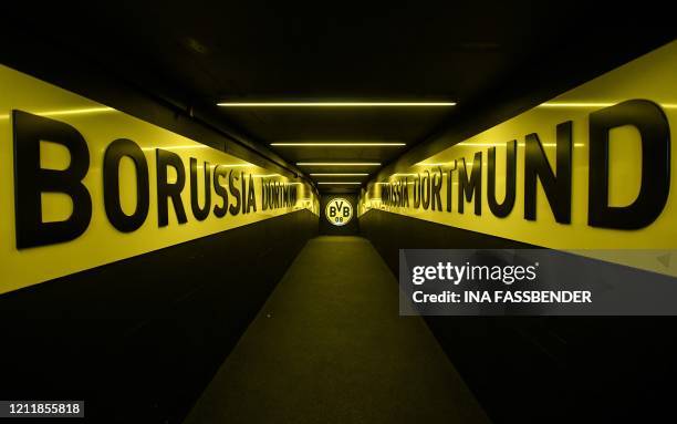 Picture taken on May 5, 2020 in Dortmund, western Germany, shows a view of the players tunnel at the Signal Iduna Park of German first division...