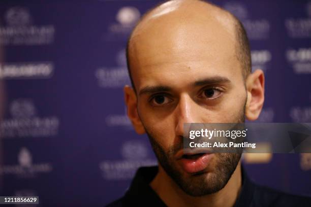 Marwan El Shorbagy of Egypt speaks to the media in a interview after the Quarter Final match of The Canary Wharf Squash Classic between Marwan El...