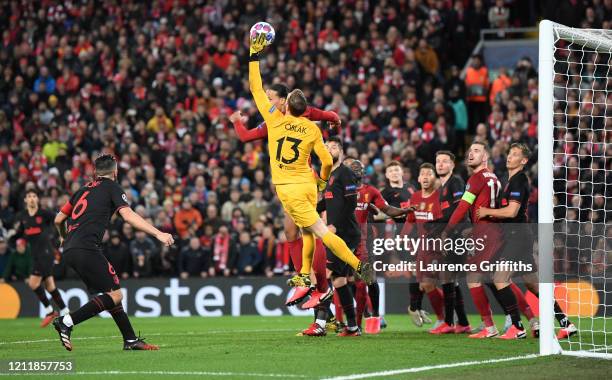 Jan Oblak of Atletico Madrid makes a save during the UEFA Champions League round of 16 second leg match between Liverpool FC and Atletico Madrid at...