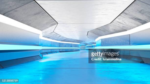 futuristic tunnel with neon lights - illuminated room stock pictures, royalty-free photos & images