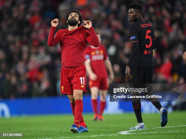 Mohamed Salah of Liverpool reacts during the UEFA Champions League round of 16 second leg match between Liverpool FC and Atletico Madrid at Anfield...