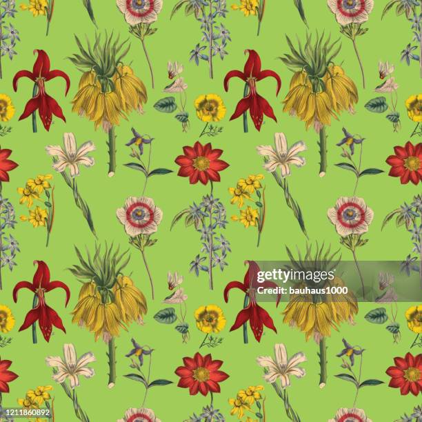 hand-colored, victorian botanical, seamless repeating pattern. realistic blooming isolated flowers vintage fabric background. beautiful cottage garden and wildflowers. wallpaper baroque. drawing engraving. victorian illustration. - baroque pattern stock illustrations