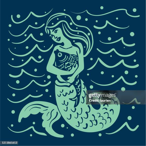 meerjungfrau hugging ihr haustier fisch - meerjungfrau stock-grafiken, -clipart, -cartoons und -symbole