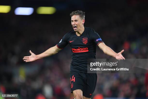 Marcos Llorente of Atletico Madrid celebrates after scoring his team's second goal during the UEFA Champions League round of 16 second leg match...
