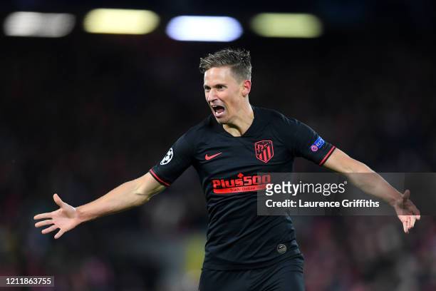 Marcos Llorente of Atletico Madrid celebrates after scoring his team's second goal during the UEFA Champions League round of 16 second leg match...