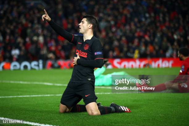 Alvaro Morata of Atletico Madrid celebrates after scoring his team's third goal during the UEFA Champions League round of 16 second leg match between...