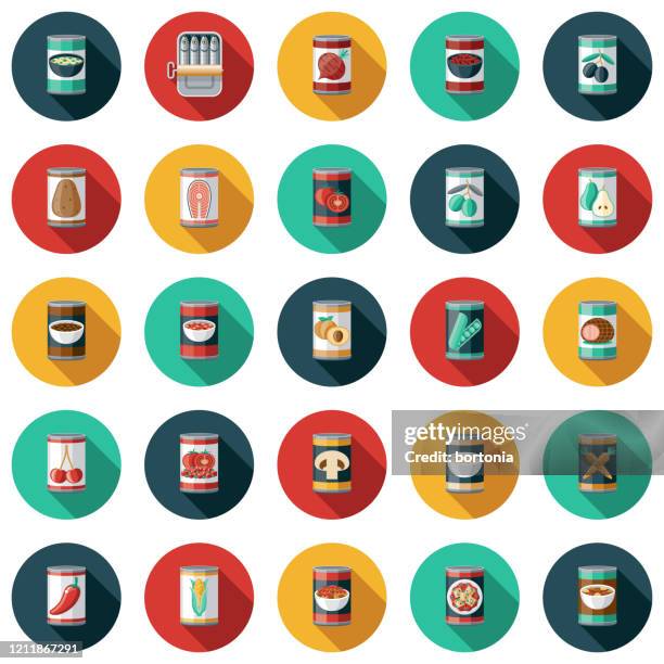 stockillustraties, clipart, cartoons en iconen met pictogramset ingeblikt voedsel - eten uit blik
