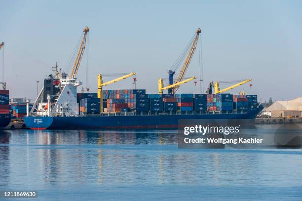 View of the port with container ship in Walvis Bay, Namibia.