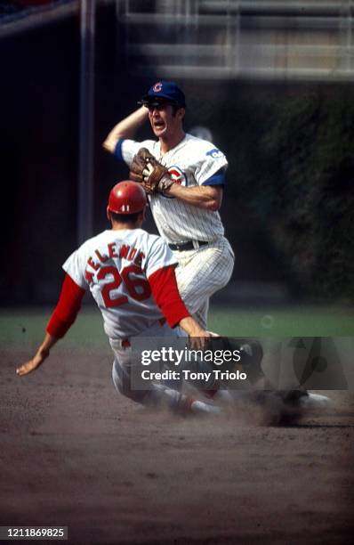 Chicago Cubs Glenn Beckert in action, turning double play vs St. Louis Cardinals Luis Melendez at Wrigley Field. Chicago, IL 9/16/1970 CREDIT: Tony...