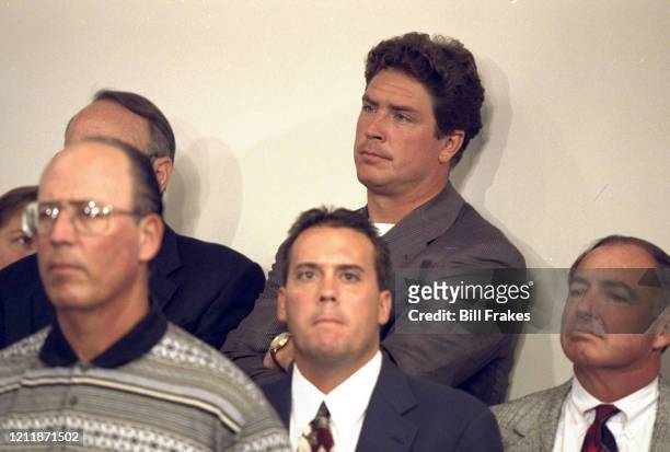 Miami Dolphins QB Dan Marino looking upset during press conference to announce coach Don Shula's resignation. Miami, FL 1/5/1996 CREDIT: Bill Frakes