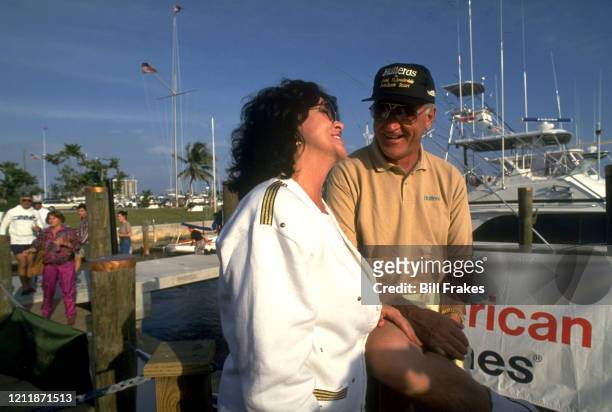 Miami Dolphins coach Don Shula with girlfriend Mary Anne Stephens sitting on boat. Miami, FL 3/3/1993 CREDIT: Bill Frakes