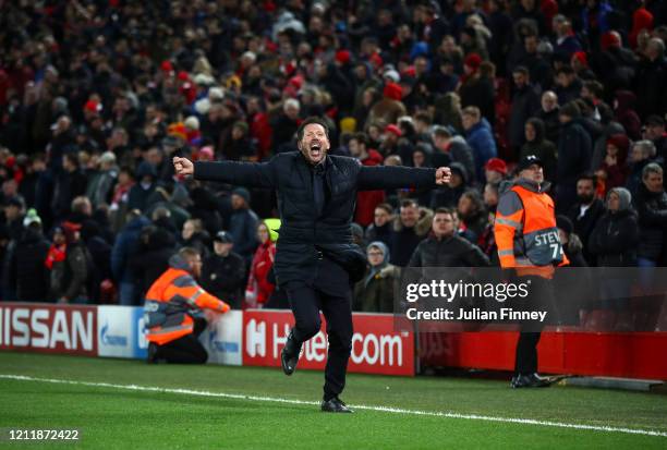 Diego Simeone, Manager of Atletico Madrid celebrates his sides second goal during the UEFA Champions League round of 16 second leg match between...