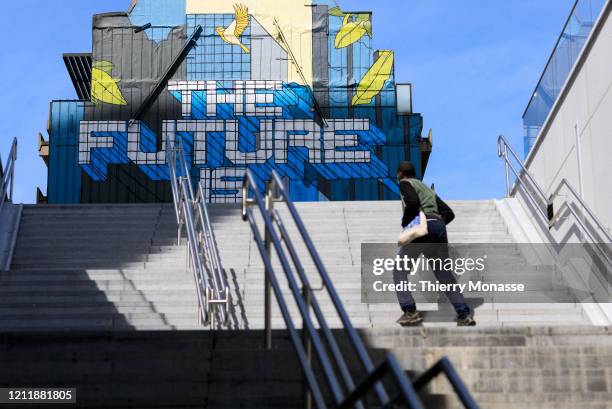 Mural reading 'The Future Is Europe' designed by URBANA ASBL, in partnership with the real estate developer ATENOR, on display near Maelbeek metro...