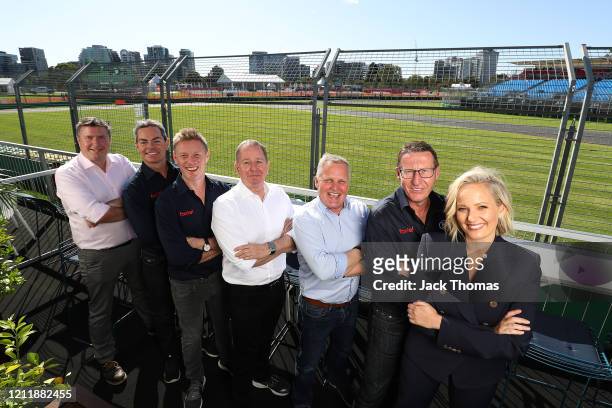David Croft, Craig Lowndes, Simon Lazenby, Martin Brundle, Johnny Herbert, Mark Skaife and Jess Yates pose for a portrait during the Fox Sports F1...