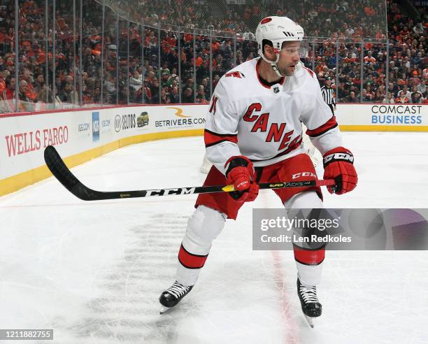 Justin Williams of the Carolina Hurricanes skates against the Philadelphia Flyers on March 5, 2020 at the Wells Fargo Center in Philadelphia,...