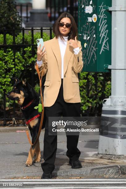 Emily Ratajkowski is seen walking her dog Colombo on March 11, 2020 in New York City.