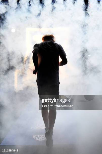 Nico Mannion of the Arizona Wildcats is introduced before a first-round game of the Pac-12 Conference basketball tournament against the Washington...
