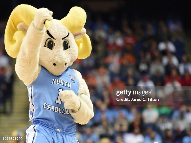 Rameses, the North Carolina Tar Heels mascot, cheers during their game against the Syracuse Orange in the second round of the 2020 Men's ACC...