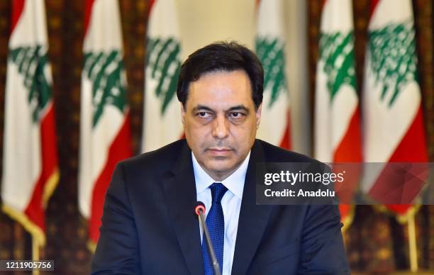 Lebanese Prime Minister Hassan Diab gathers with representatives of international diplomats and international organizations in Lebanon on...