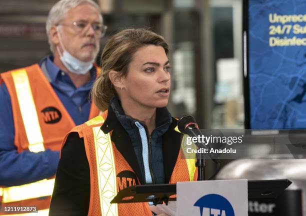 Interim President of MTA New York City Transit Sarah Feinberg addresses media at 96th street station in New York, United States on May 06, 2020. In...