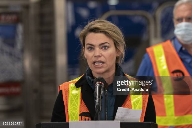 Interim President of MTA New York City Transit Sarah Feinberg addresses media at 96th street station in New York, United States on May 06, 2020. In...