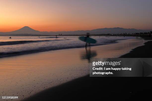 sunset in katase enoshima beach - enoshima island stock pictures, royalty-free photos & images