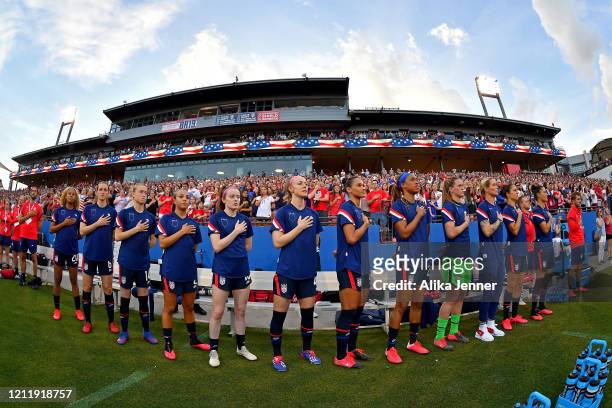 The United States women's soccer team sing the national anthem before the SheBelieves Cup match against the Japan at Toyota Stadium on March 11, 2020...