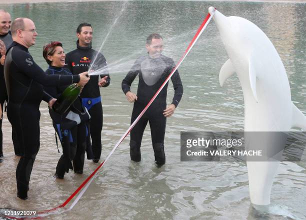 Le prince Albert II baptise la statue du dauphin qui va être immergée, dans le cadre du lancement de l'opération Mimo, qui marque l'année du dauphin,...