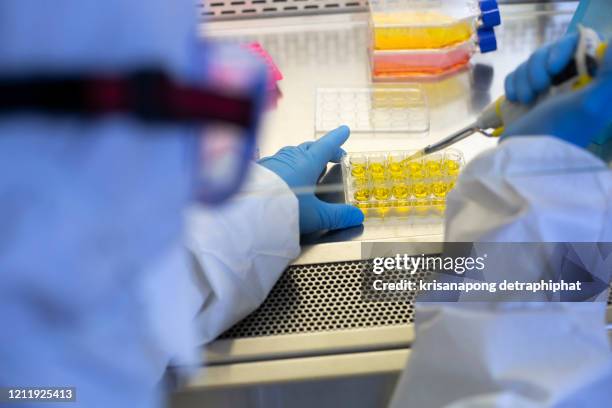 coronavirus,blood research,scientist's laboratory,research lab,analyzing a blood sample in test tube at laboratory with microscope. medical, pharmaceutical and scientific research and development concept. - medisch specimen stockfoto's en -beelden